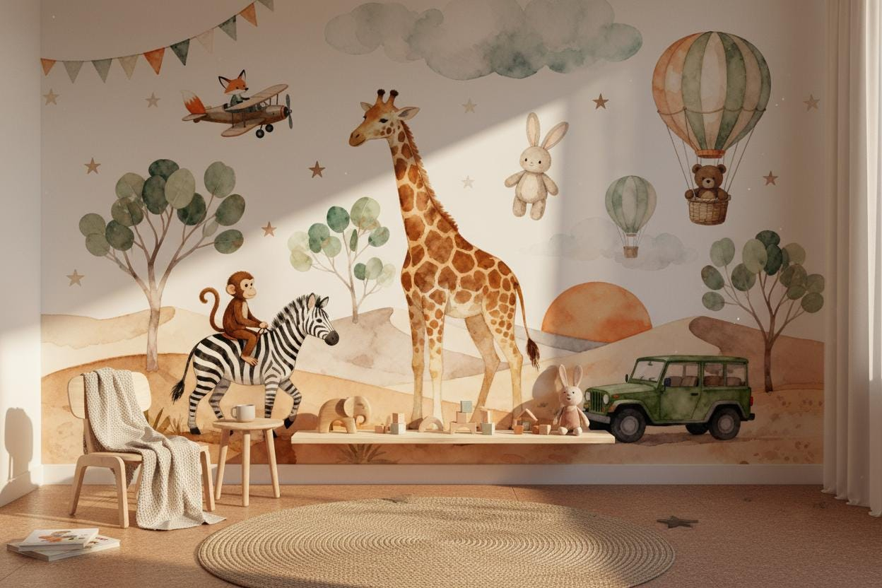 Cartoon dieren muurschildering - Baby Nursery Peel And Stick Wallpaper recensie en prijs